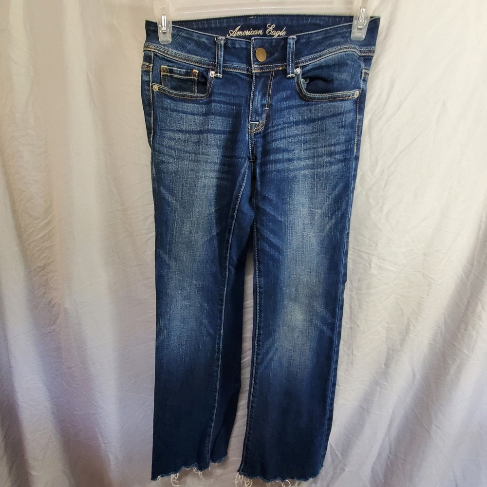 American Eagle Original Boot Jeans Size 0 Short Medium Wash Raw Hem Stretch